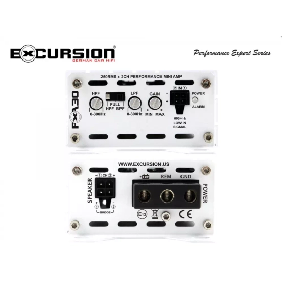 Excursion PXA-30 2-kanałowy mini wzmacniacz samochodowy do fabrycznych systemów audio - moc RMS: 2x175-250 / 1x500W, klasa FRD, wej. High/Low, Auto On